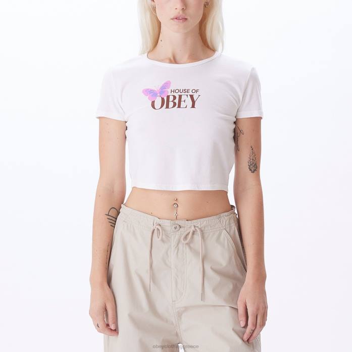 άσπρο είδη ένδυσης 686F735 OBEY house of πεταλούδα cropped chloe εφαρμοστό μπλουζάκι γυναίκες